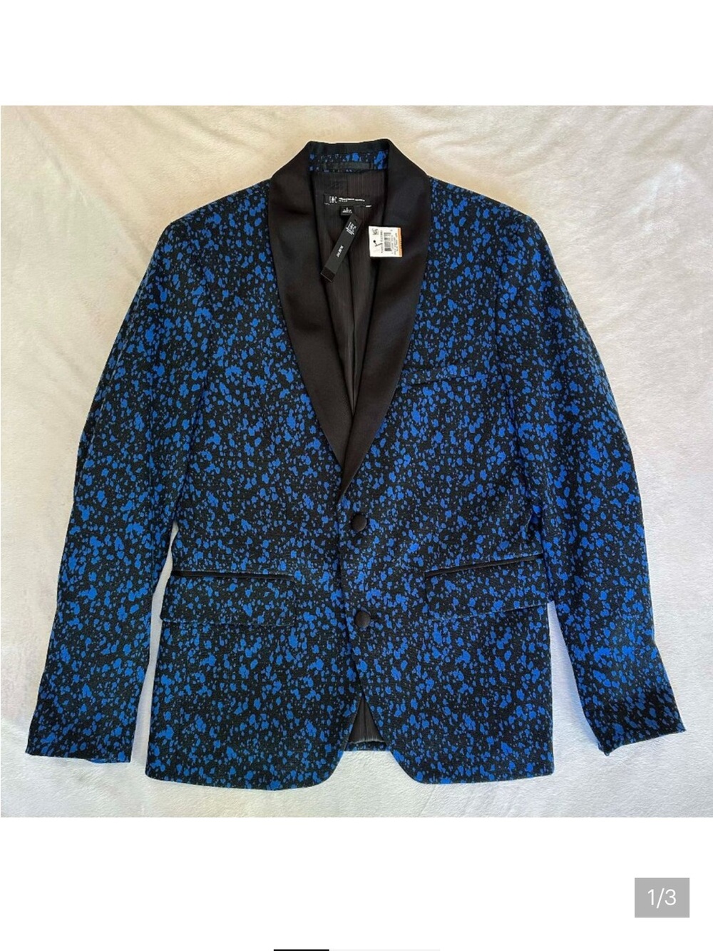 Blue Metallic Patterned Blazer with Black Satin Lapel
